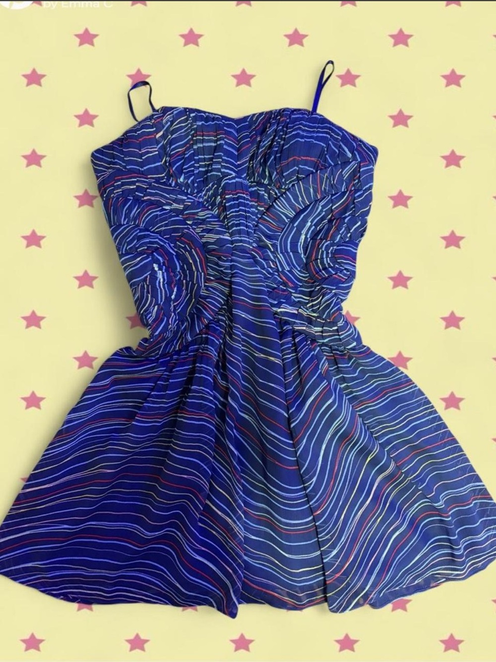 Vintage BCBG Blue Multistripe Strapless Mini Dress